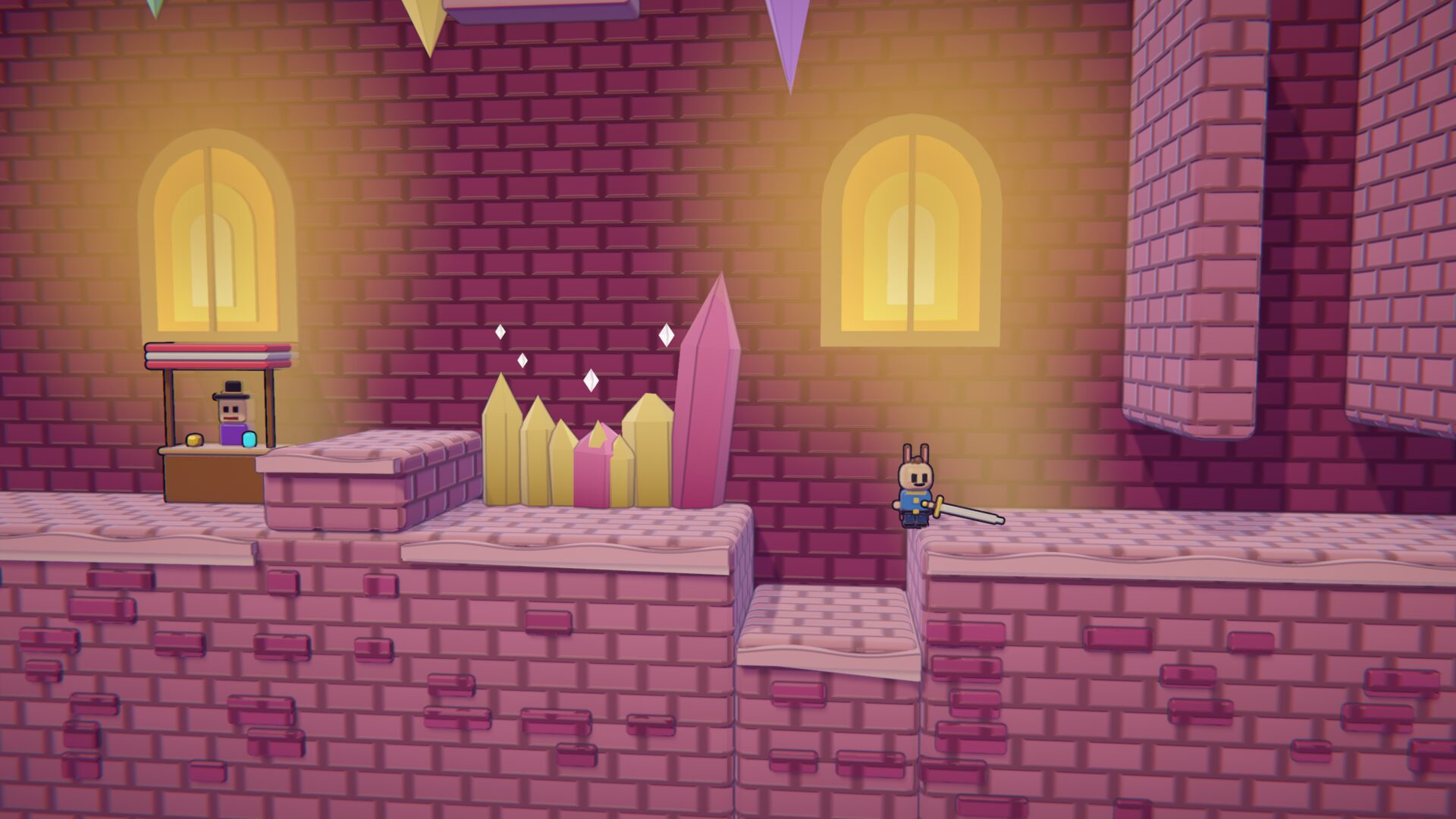 In-game capture of a pink-brick hall with glowing arched windows, crystals and the hero